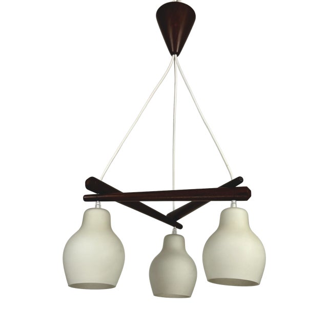 Mid-Century Modern Scandinavian Triangular Teak & White Glass Pendant Light, 1960s For Sale