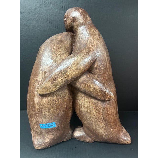 Brown Vintage Large Hand Carved Wooden Penguin Couple Sculptural Statue For Sale - Image 8 of 10