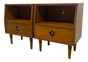1960s Pair of Vintage Mid-Century Nightstands - Open Shelf & Drawer, Atomic Round Pulls