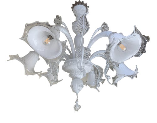 Venetian Transparent and Milky-White Murano Style Glass Chandelier with Flowers and Leaves from Simoeng