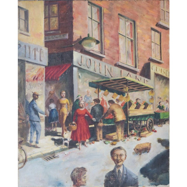 Textile Market Day, British Street Scene, Oil on Canvas For Sale - Image 7 of 7