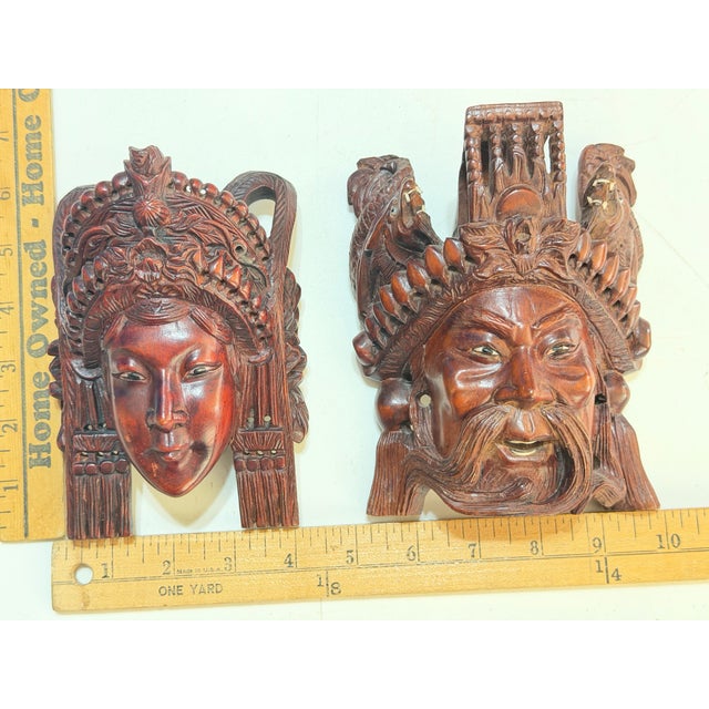 Pair of Vintage Balinese Rama & Sita Hand-Carved Wood Theatrical Wall Masks For Sale - Image 14 of 15