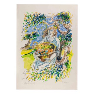 Giuliano Pulcini, Woman with a Basket of Fruit, Lithograph, 1970s For Sale