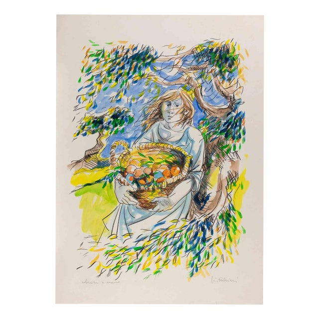 Giuliano Pulcini, Woman with a Basket of Fruit, Lithograph, 1970s For Sale