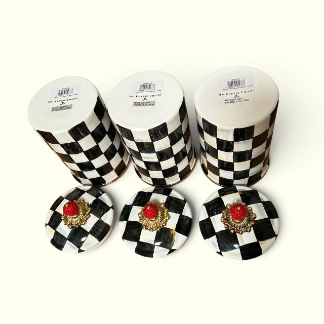 Contemporary 3 New MacKenzie Childs Courtly Check Large Enamel Metal Canisters For Sale - Image 3 of 8