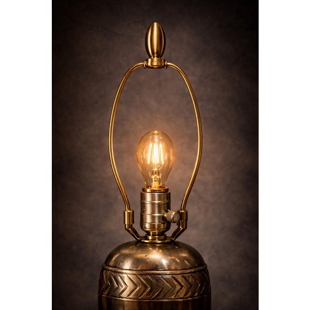 Metal Vintage Hammered Bronze Table Lamp With Chevron Nickel Band & Linen Shade – Sculptural Designer Style – 34” For Sale - Image 7 of 12