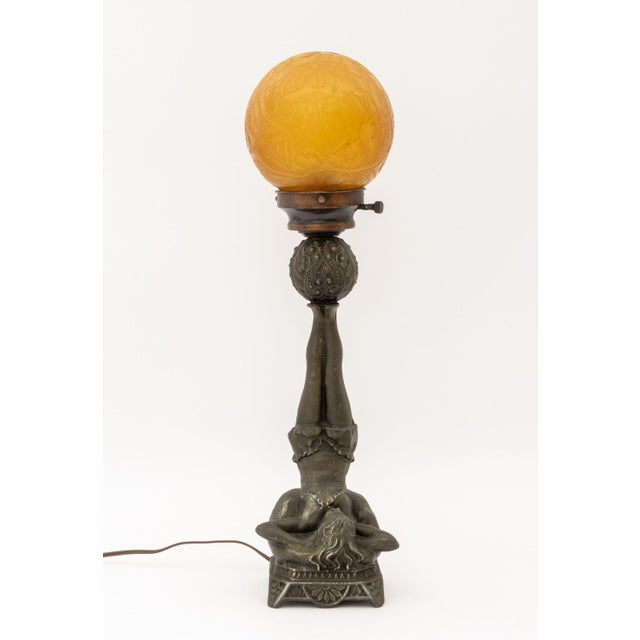 Early 20th Century Art Deco Figural Amber Glass Globe Shade Lamp For Sale - Image 4 of 10