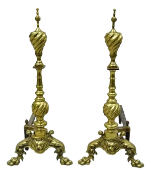 Antique Empire Brass Cast Iron Lion Head Spiral Twist Paw Feet Andirons - A Pair