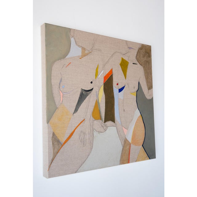 Figurative painting on linen with earthy tones and subtle color blocking. Skunta uses a geometric composition to form...