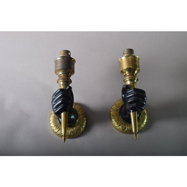 Metal Art Deco Brass Fist and Torch Wall Sconces, 1930s, Set of 2 For Sale - Image 7 of 7