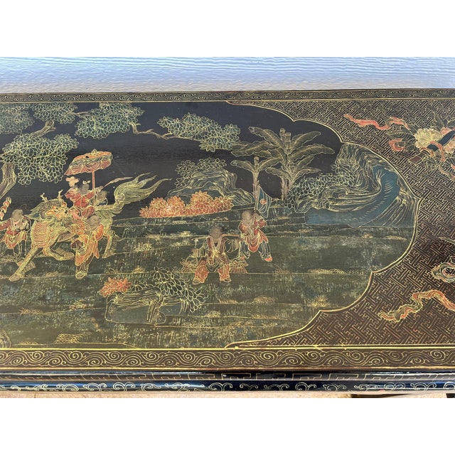 Vintage Chinese Console Table Black Lacquer Chinoiserie Gilt Hand Painted C1950 For Sale - Image 9 of 18