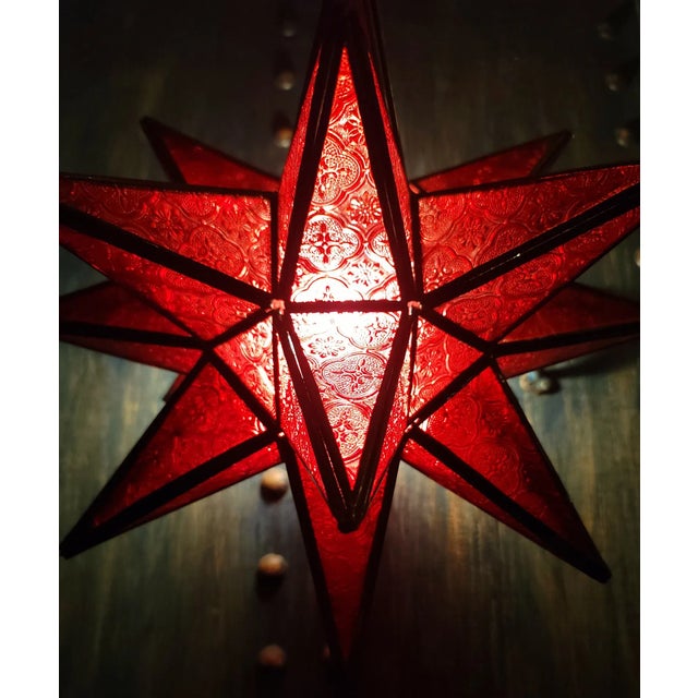 21st Century Large Handmade Frosty Red Moroccan Star Lantern For Sale - Image 4 of 6