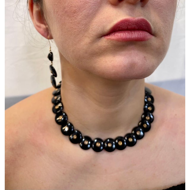 Round Circle Black Onyx with Rose Cut Diamond 18 Karat Gold Necklace, Earrings For Sale - Image 11 of 18