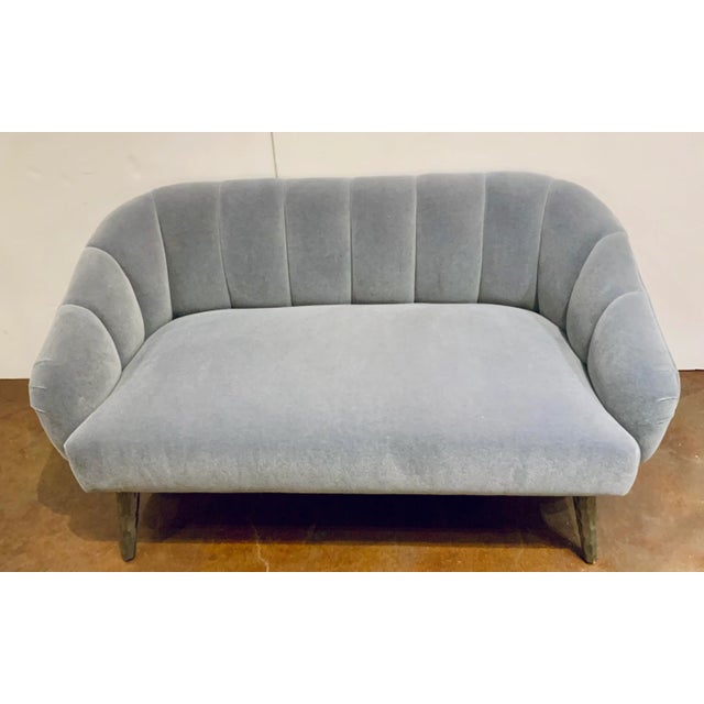 Original retail $6450, stylish Made Goods Modern Gray Channeled Mohair Rooney Settee, textured silver tapered legs,...
