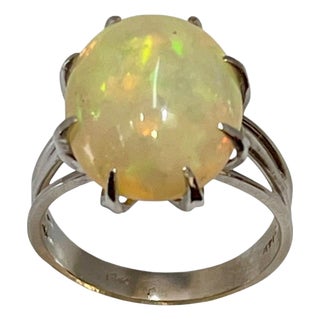 8 Carat Oval Shape Opal Cocktail Ring 14 Karat White Gold, Estate, Size 3 For Sale