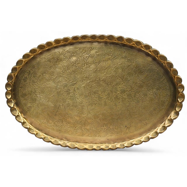 Oriental Ottoman brass tray, tea tray, side table with folding wooden stand. Antique hand-forged tray made of solid brass....