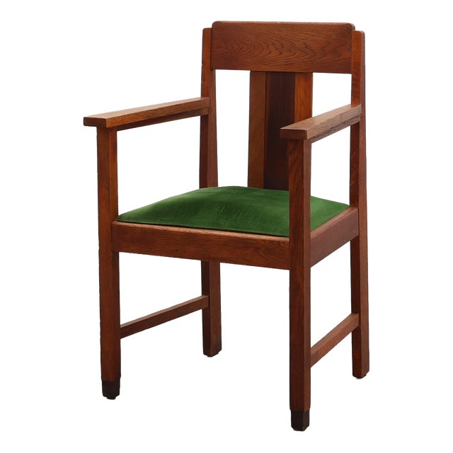 Amsterdamse School Oak and Velvet Side Chair, the Netherlands, 1920s For Sale
