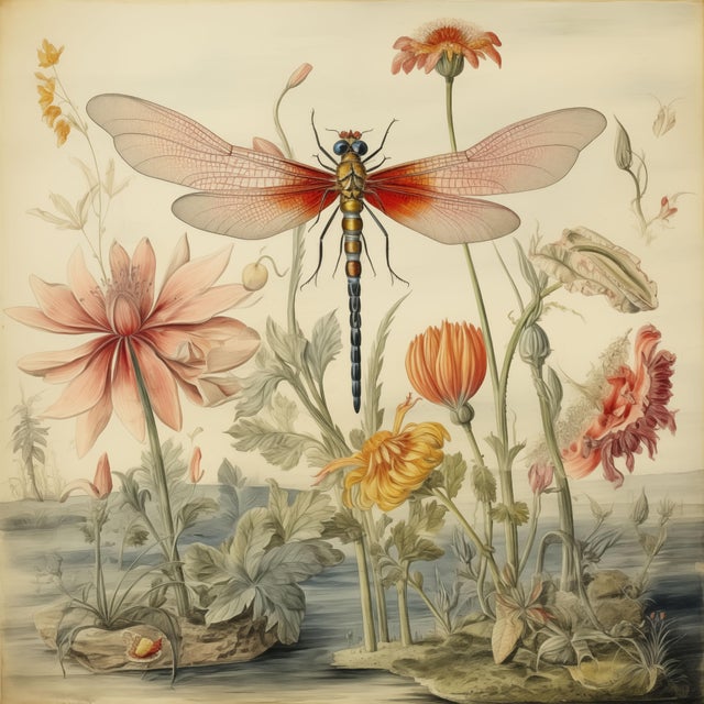 2020s 20' X 20' 'Dragonfly and Flowers' # 3 - Original Watercolor Botanical Print - Hortus Floridus Style, Unframed For Sale - Image 5 of 5