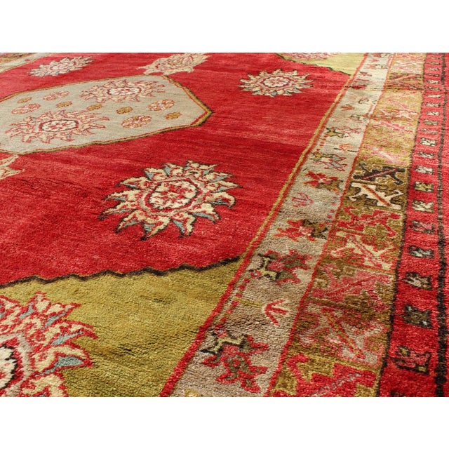 Mid 20th Century Vintage Turkish Konya Rug With Medallion in Red, Lime Green, Gray, Yellow, and Ivory For Sale In Atlanta - Image 6 of 9