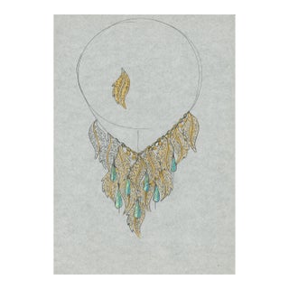 1970s Original Jewelry Design Drawing – Leaf Necklace With Blue-Green Drops Artist Unknown For Sale
