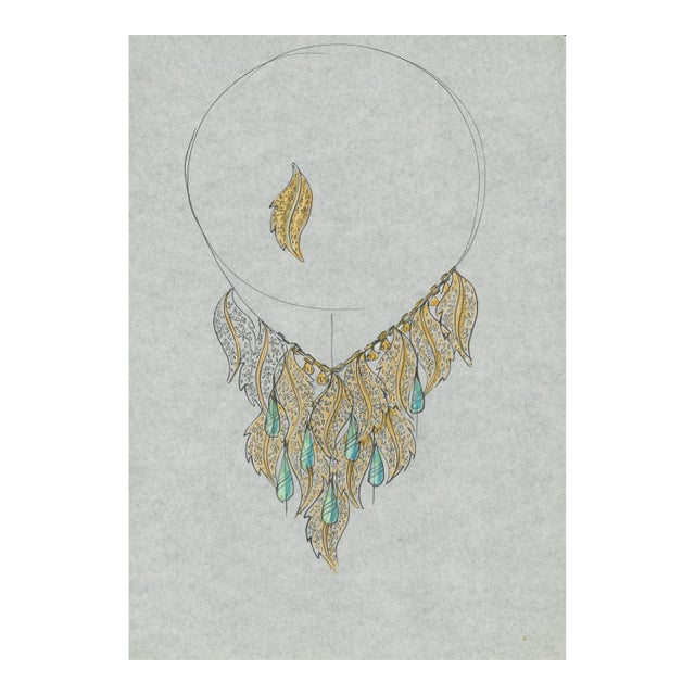 1970s Original Jewelry Design Drawing – Leaf Necklace With Blue-Green Drops Artist Unknown For Sale