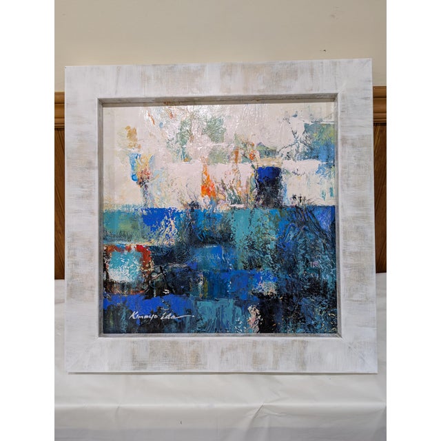 Square Hand Finished Framed Textured Blue and White Abstract Art on Canvas For Sale In Atlanta - Image 6 of 6