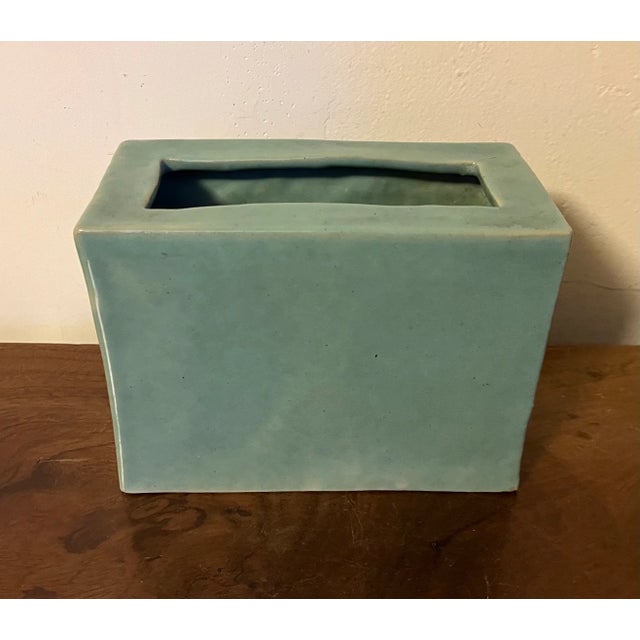 Mid Century Porcelain Blue Green Aqua Monochrome Glaze Pillow Form Flower Brick Block Vase For Sale In New York - Image 6 of 7
