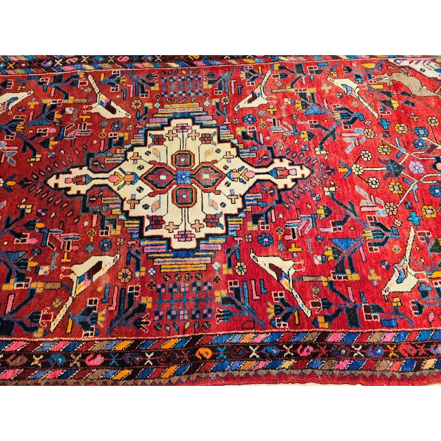 Vintage Hamadan Gallery Area Rug, Hand-Knotted Wool, Tribal Bird Pattern, 6x10, Red & Navy For Sale - Image 17 of 18
