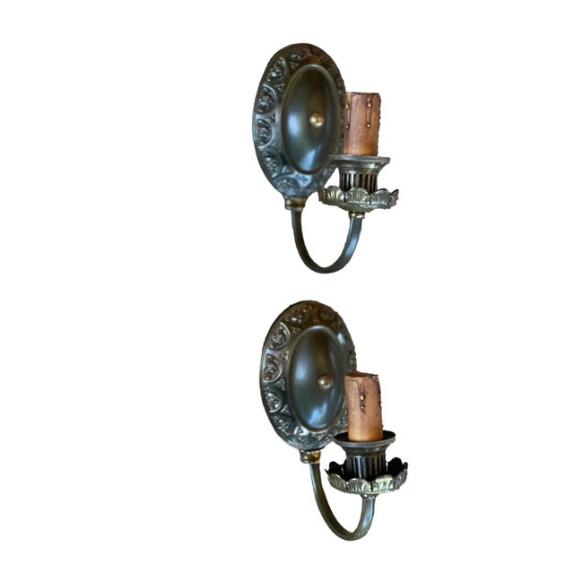 Pair Embossed Brass Sconces in Original Patina, Circa 1910 For Sale - Image 4 of 5