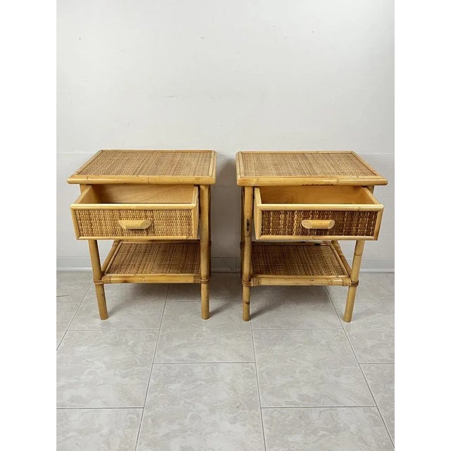 Vintage Italian Bedside Tables in Rattan and Bamboo, 1970s, Set of 2, in Good conditions. Designed 1970 to 1979