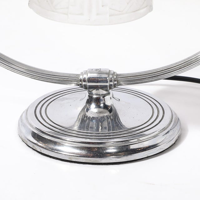 Metal 1930s Art Deco Chrome & Frosted Cubist Shade Open Form Table Lamp Signed Muller Freres For Sale - Image 7 of 15