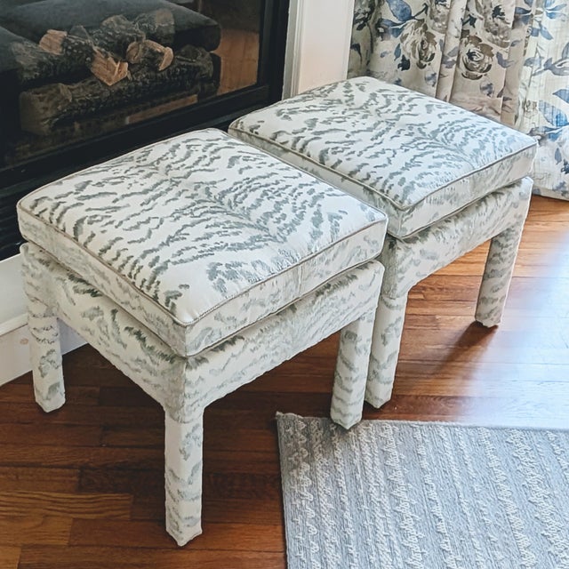 Not Yet Made - Made To Order Cowtan & Tout Rajah Velvet Parsons Ottomans in Celadon - Pair For Sale - Image 5 of 13