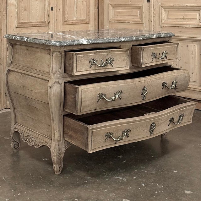 Wood Antique 19th Century Country French Louis XV Bombe Commode in Stripped Oak With Gray Marble For Sale - Image 7 of 18