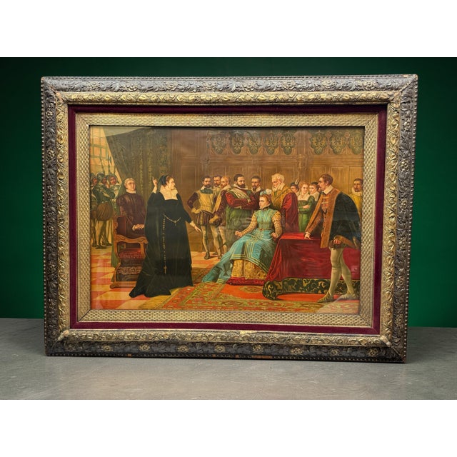 Red 19th Century Chromolithograph "Mary Queen of Scots Before Queen Elizabeth I" For Sale - Image 8 of 9
