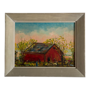 Vintage Impressionist Framed Oil Painting on Board of a Red Barn