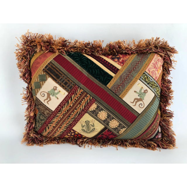 Red Monkeys & Frog Patchwork Ornamental Down Filled Accent Pillow For Sale - Image 8 of 8