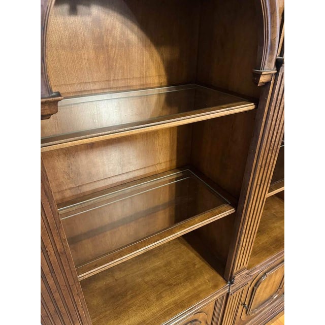 1980s Triple Arch Cherry Bookcase Library Hutch With Glass Shelves and Lights For Sale - Image 4 of 4