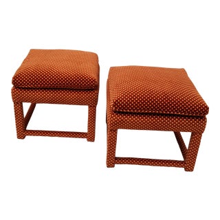 Mid 20th Century Milo Baughman Parsons Style Ottomans in Period Orange Geometric Velvet - a Pair For Sale