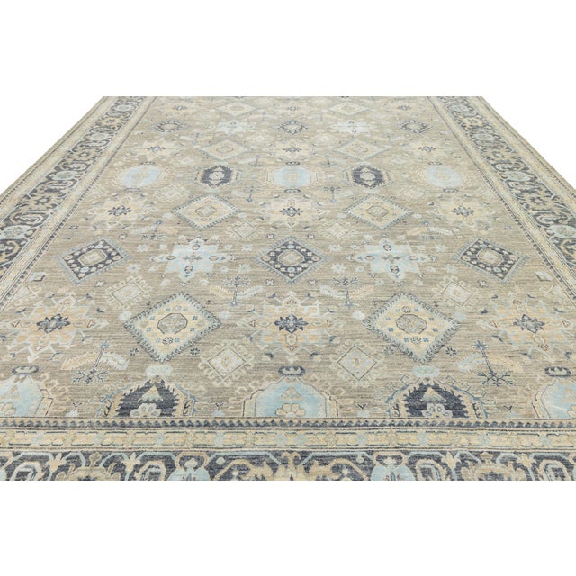 2020s Modern Oushak Style Hand-Knotted Wool & Silk Area Rug in Soft Beige and Blue For Sale - Image 5 of 12