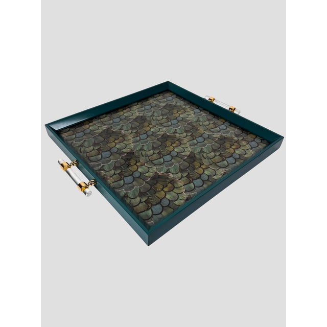 Custom Made by Trouvaille Home Teal Peacock Pattern fabric. Lucite & Gold Handles. Acrylic encasing the tray insert,...
