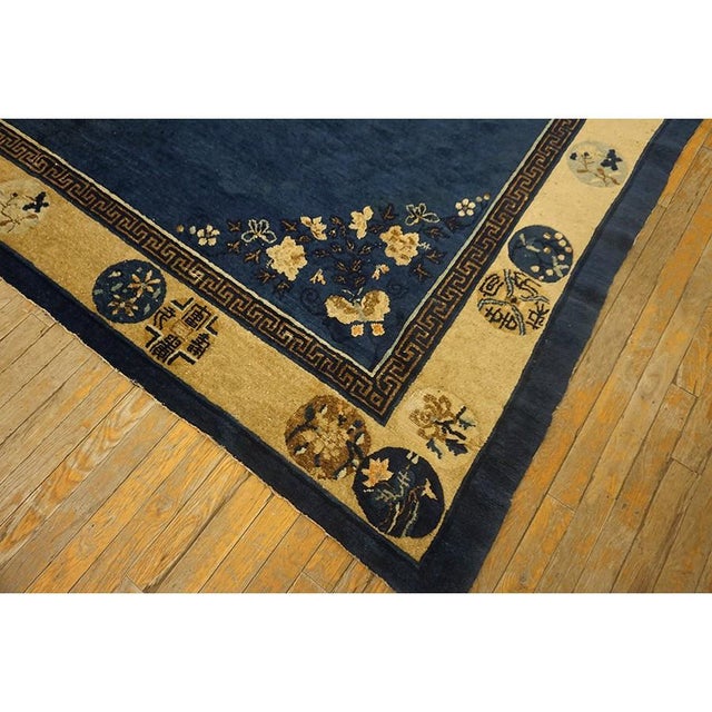 Chinese 1920s Navy Field Medallion Floral Greek Key Antique Chinese Peking Rug For Sale - Image 3 of 9