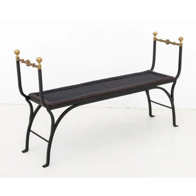 Hollywood Regency Wrought Iron and Brass Bench For Sale - Image 9 of 9
