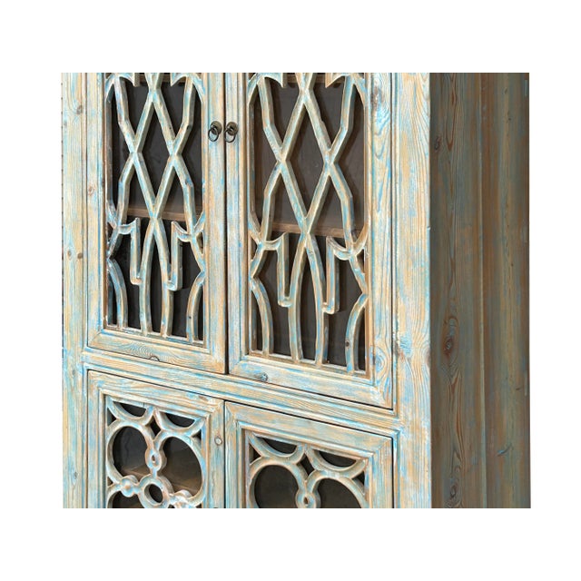 Distressed Shabby Chic Pastel Blue Latticework Glass Door China Bookcase Cabinet For Sale - Image 9 of 10