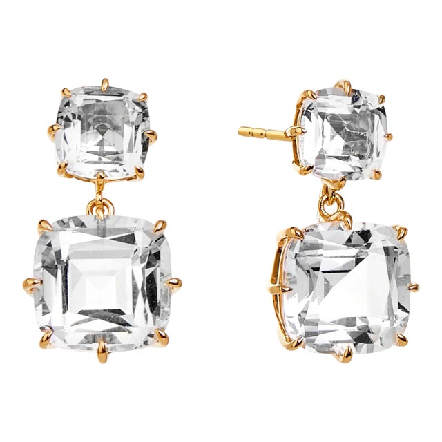 Syna Yellow Gold Rock Crystal Cushion Earrings, a Pair For Sale