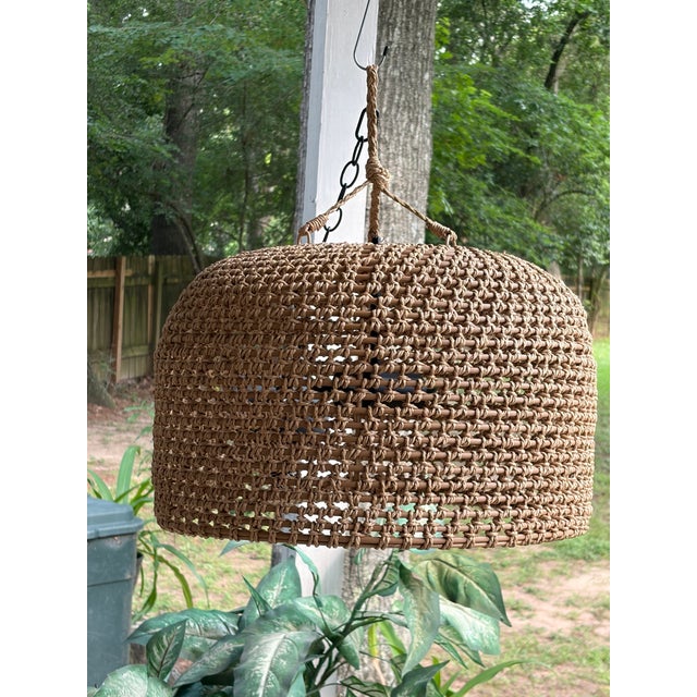 Boho Chic 1980s Wicker Basket Weave Style Hanging Lamp With Double Lights and Chain For Sale - Image 3 of 11