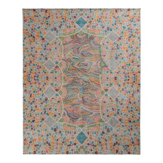 Rug & Kilim’s Distressed Style Modern Rug in Blue Geometric Pattern For Sale