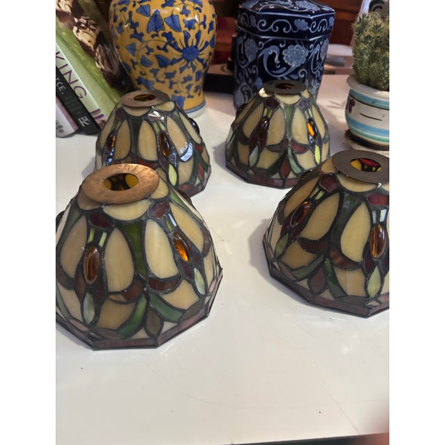 Art Nouveau 4 Vintage Tiffany Style Glass Lamp Shades For Sale - Image 3 of 3