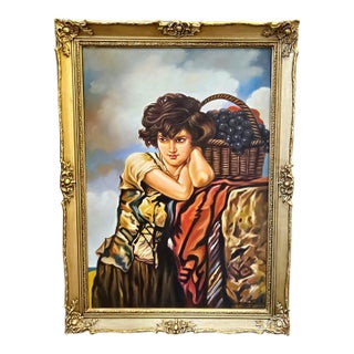 French-Style Portrait Painting of Woman With Fruit Basket – Ornate Gold Leaf Frame For Sale