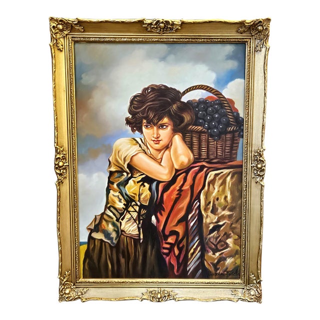 French-Style Portrait Painting of Woman With Fruit Basket – Ornate Gold Leaf Frame For Sale