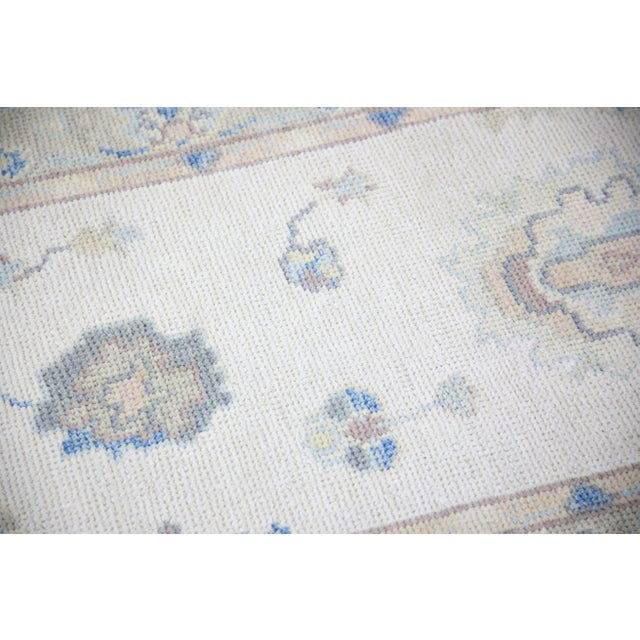 Turkish Oushak Rug Ivory Blue Handwoven Wool Runner 3'1" X 11'5" For Sale - Image 4 of 7